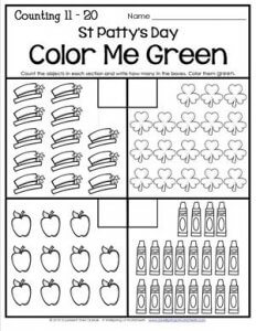 St Patrick's Day Worksheets - Counting 11-20 - St Patty's Day Color Me Green