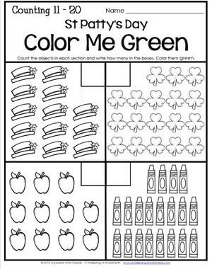 St Patrick's Day Worksheets - Counting 11-20 - St Patty's Day Color Me Green