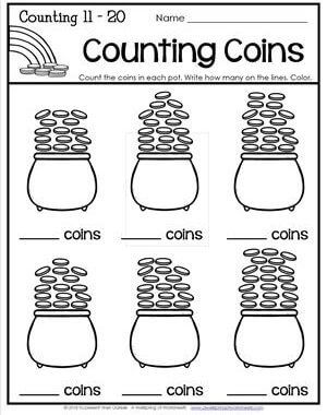 St Patrick's Day Worksheets - Counting 11-20 - Counting Coins