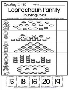 St Patrick's Day Worksheets - Counting 1-20 - Leprechaun Family Counting Coins