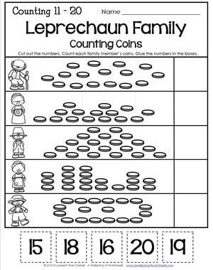St Patrick's Day Worksheets - Counting 1-20 - Leprechaun Family Counting Coins