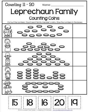 St Patrick's Day Worksheets - Counting 1-20 - Leprechaun Family Counting Coins
