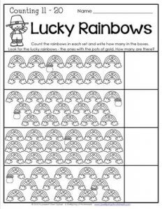 St Patrick's Day Worksheets - Counting 11-20 - Lucky Rainbows