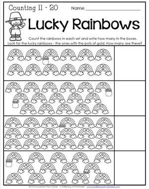 St Patrick's Day Worksheets - Counting 11-20 - Lucky Rainbows