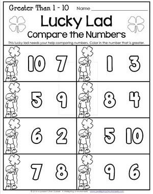St Patrick's Day Worksheets - Greater Than 1-10 - Lucky Lad Compare the Numbers
