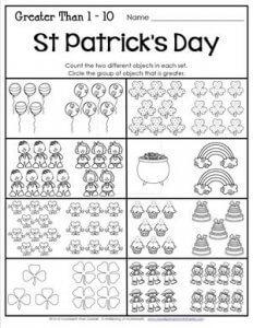 St Patrick's Day Worksheets - Greater Than 1-10