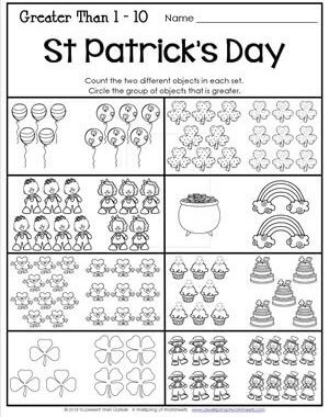 St Patrick's Day Worksheets - Greater Than 1-10