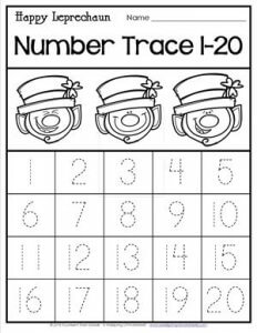 St Patrick's Day Worksheets - Happy Leprechaun Number Trace 1-20