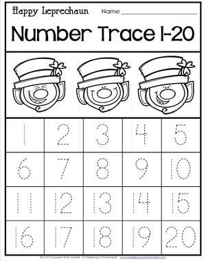 St Patrick's Day Worksheets - Happy Leprechaun Number Trace 1-20