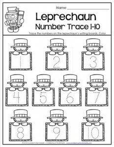 St Patrick's Day Worksheets - Leprechaun Number Trace 1-10