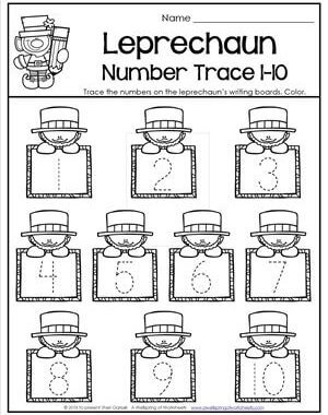St Patrick's Day Worksheets - Leprechaun Number Trace 1-10