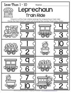 St Patrick's Day Worksheets - Less Than 1-10 - Leprechaun Train Ride