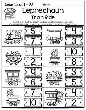 St Patrick's Day Worksheets - Less Than 1-10 - Leprechaun Train Ride