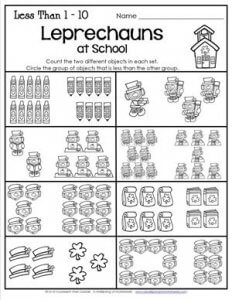 St Patrick's Day Worksheets - Less Than 1-10 - Leprechauns at School
