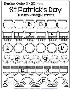 St Patrick's Day Worksheets - Number Order 1-20- Fill in the Missing Number