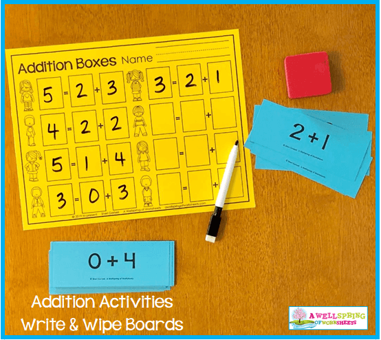 Kindergarten Addition Activities - Addition Boxes Write & Wipe Mat