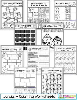 January Counting Worksheets for Kindergarten