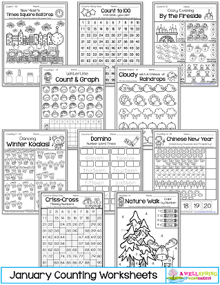 January Counting Worksheets for Kindergarten
