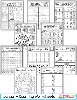 January Counting Worksheets for Kindergarten