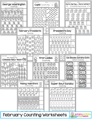 February Counting Worksheets for Kindergarten