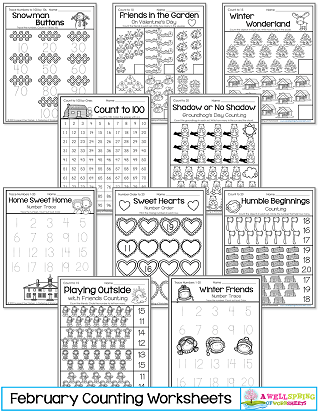 February Counting Worksheets for Kindergarten