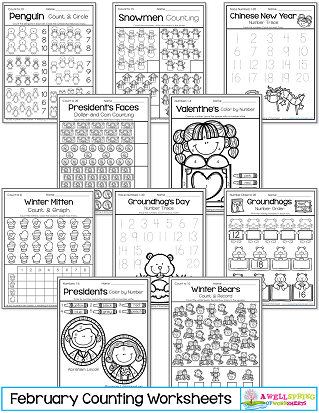 February Counting Worksheets for Kindergarten