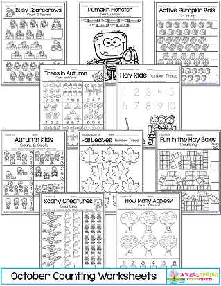 October Counting Worksheets for Kindergarten