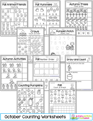 October Counting Worksheets for Kindergarten