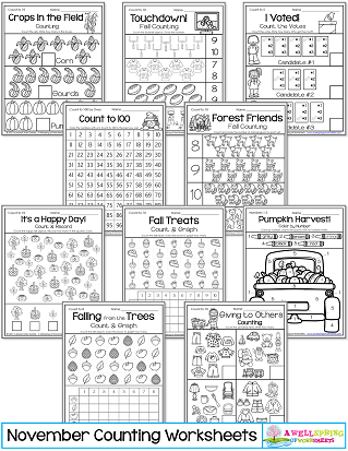 November Counting Worksheets for Kindergarten