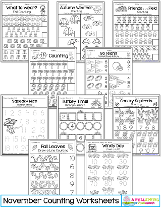 November Counting Worksheets for Kindergarten