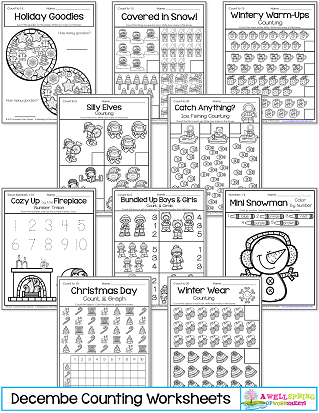 December Counting Worksheets for Kindergarten