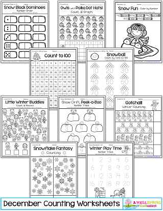 December Counting Worksheets for Kindergarten