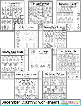 December Counting Worksheets for Kindergarten