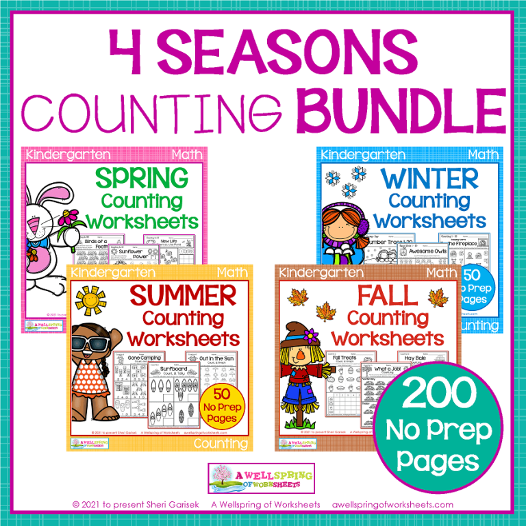 Four Seasons Kindergarten Counting Worksheets Bundle