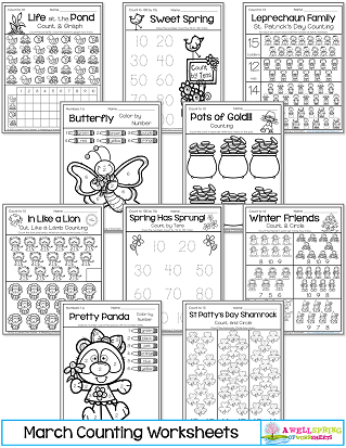 March Counting Worksheets for Kindergarten