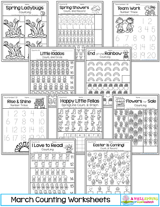 March Counting Worksheets for Kindergarten