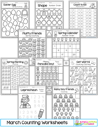 March Counting Worksheets for Kindergarten