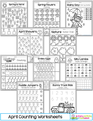 April Counting Worksheets for Kindergarten