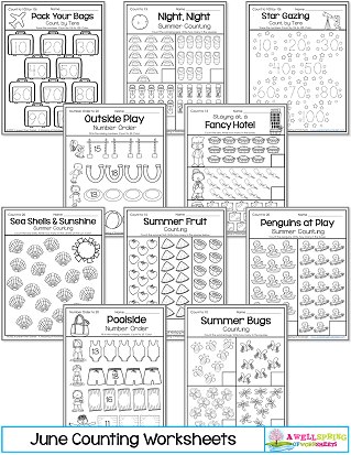 June Counting Worksheets for Kindergarten