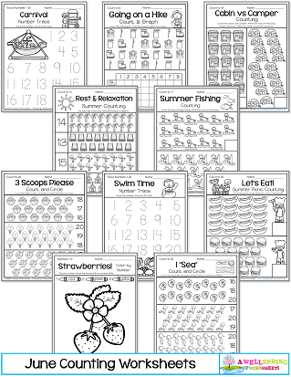 June Counting Worksheets for Kindergarten