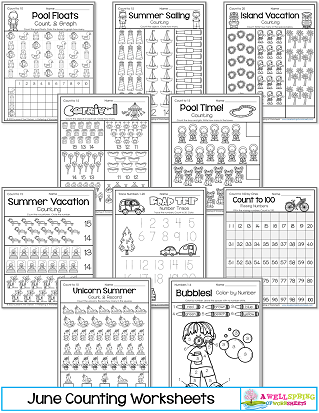 June Counting Worksheets for Kindergarten