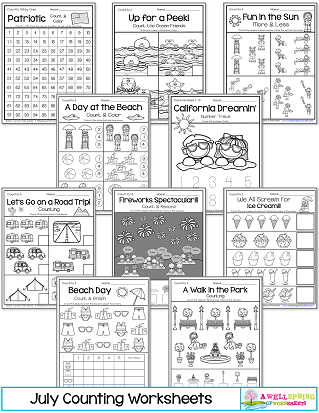 July Counting Worksheets for Kindergarten