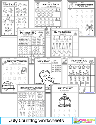 July Counting Worksheets for Kindergarten