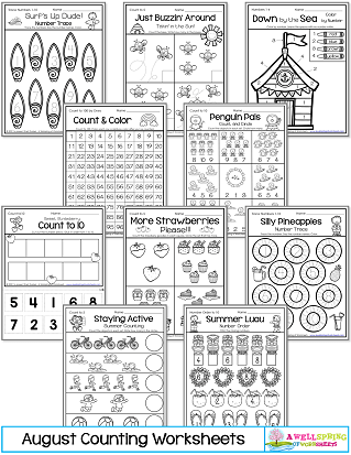 August Counting Worksheets for Kindergarten