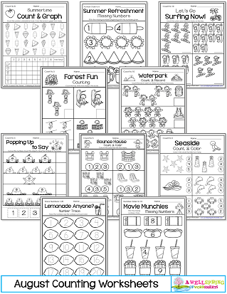 August Counting Worksheets for Kindergarten