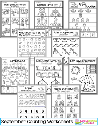 September Counting Worksheets for Kindergarten