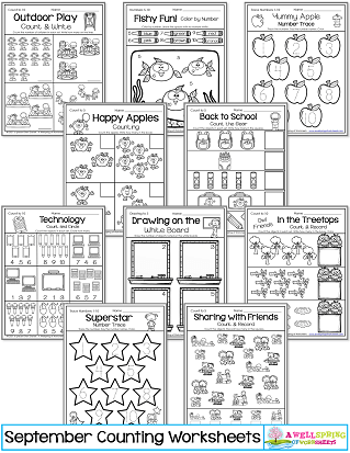 September Counting Worksheets for Kindergarten