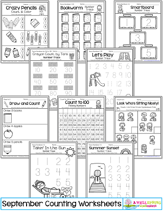 September Counting Worksheets for Kindergarten