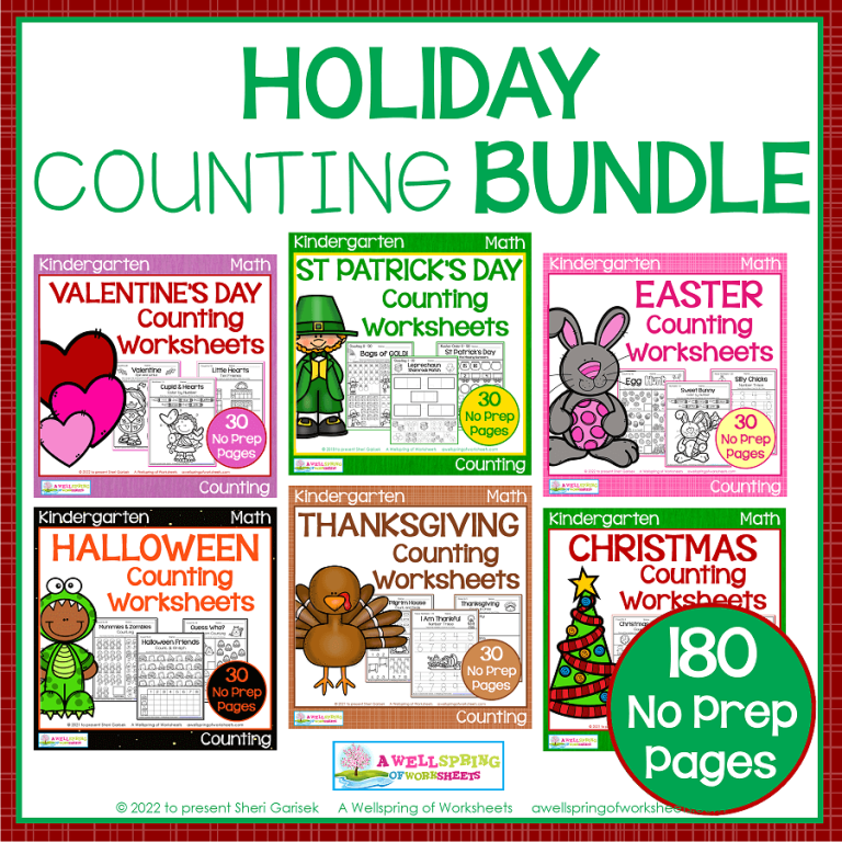 Holiday Counting Worksheets for Kindergarten Bundle