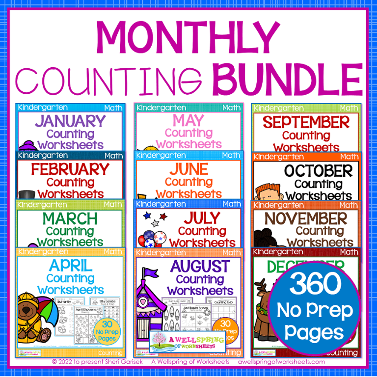 Monthly Kindergarten Counting Worksheets Bundle
